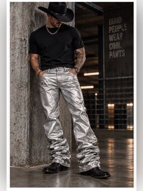 Armor Jeans Silver Metallic Stacked Jeans Men’s 34x36 NWT Urban Western Y2K